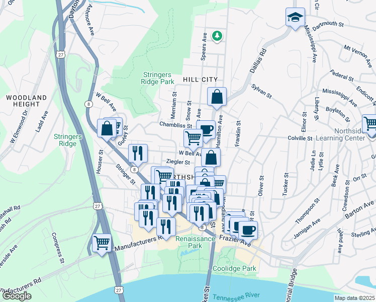 map of restaurants, bars, coffee shops, grocery stores, and more near 600 Snow Street in Chattanooga