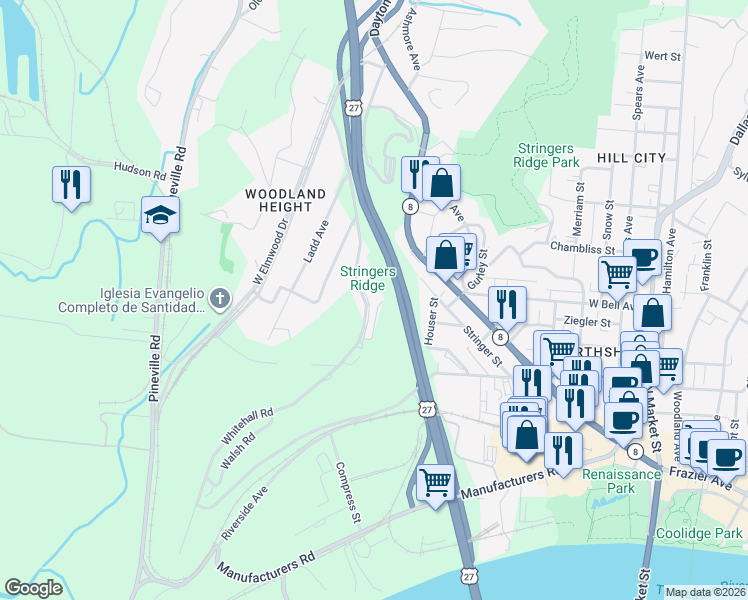 map of restaurants, bars, coffee shops, grocery stores, and more near 561 Whitehall Road in Chattanooga
