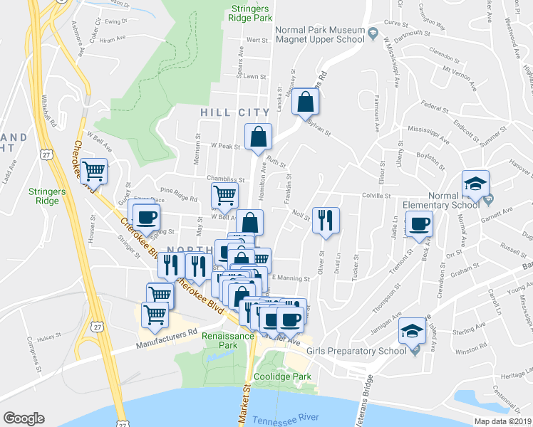 map of restaurants, bars, coffee shops, grocery stores, and more near 619 Mckendrick Ln in Chattanooga