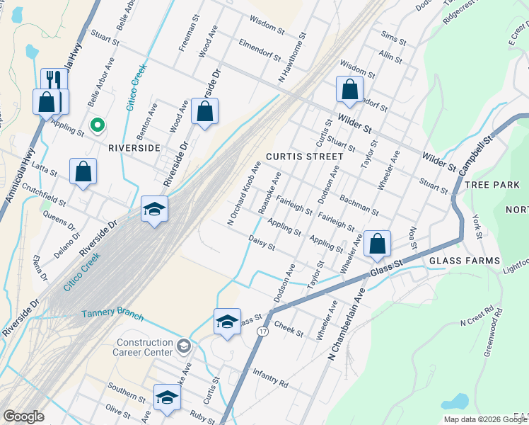 map of restaurants, bars, coffee shops, grocery stores, and more near 2001 Appling Street in Chattanooga