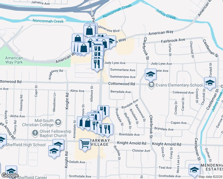 map of restaurants, bars, coffee shops, grocery stores, and more near 4794 Berrydale Avenue in Memphis