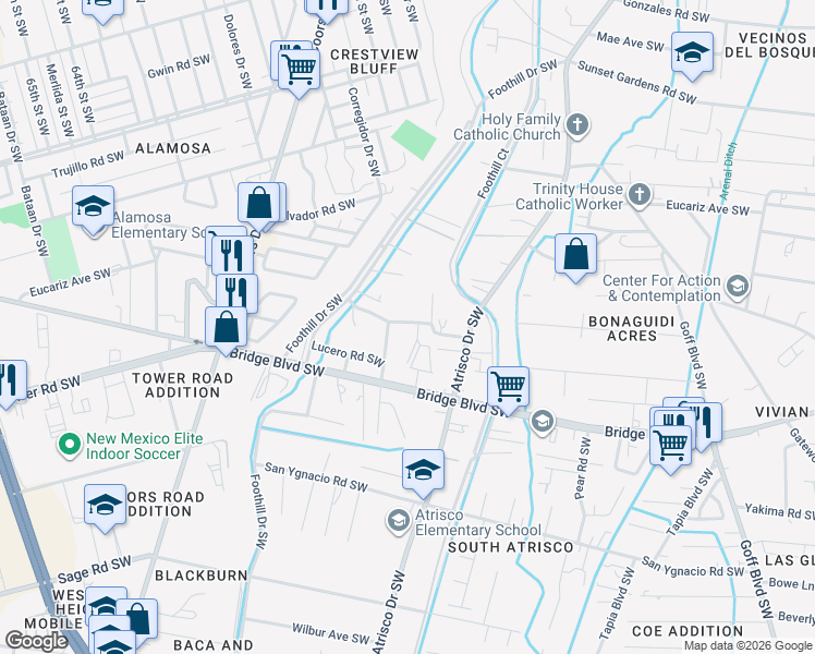 map of restaurants, bars, coffee shops, grocery stores, and more near 2506 Salvador Road Southwest in Albuquerque