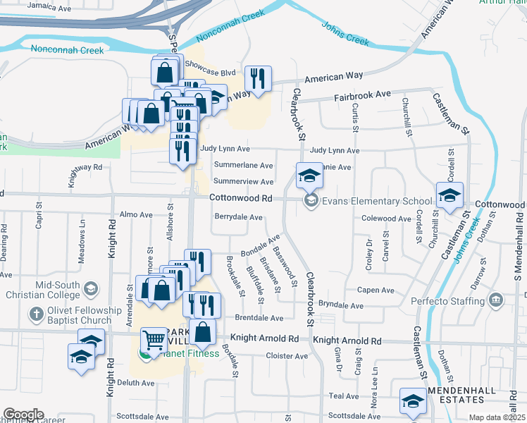 map of restaurants, bars, coffee shops, grocery stores, and more near 4866 Berrydale Avenue in Memphis