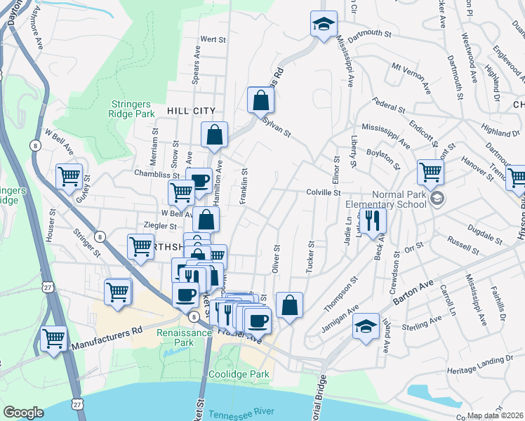 map of restaurants, bars, coffee shops, grocery stores, and more near 605 Forest Avenue in Chattanooga