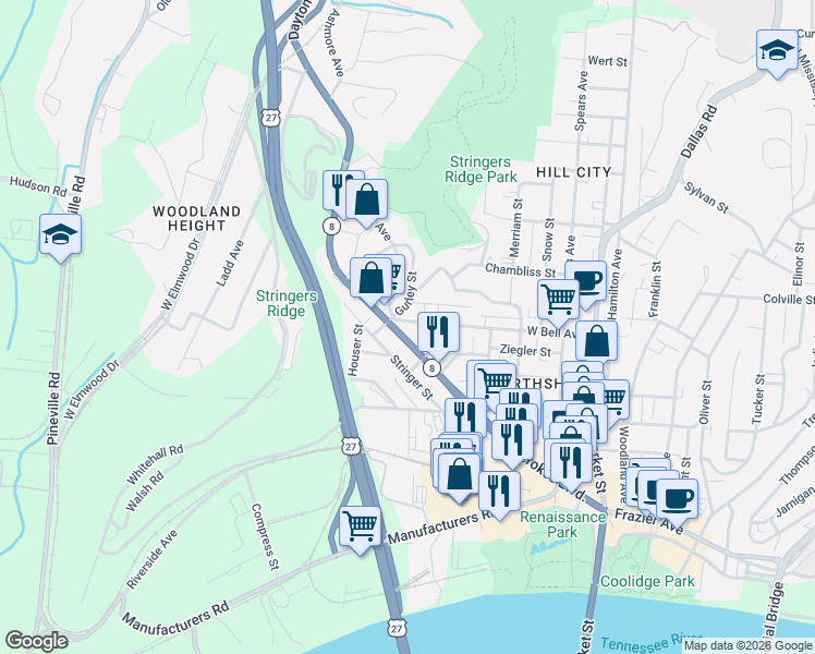 map of restaurants, bars, coffee shops, grocery stores, and more near 538 Cherokee Boulevard in Chattanooga