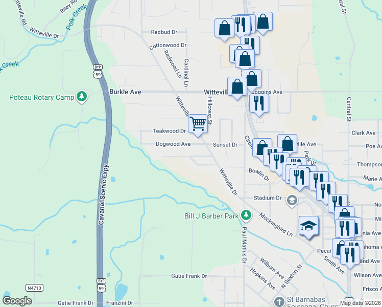 map of restaurants, bars, coffee shops, grocery stores, and more near 108 Rosewood Drive in Poteau