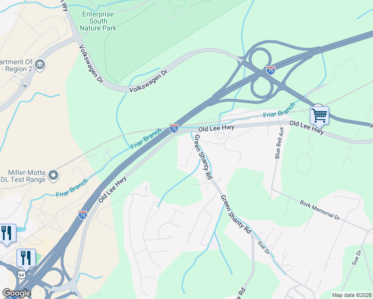 map of restaurants, bars, coffee shops, grocery stores, and more near 4847 Green Shanty Road in Ooltewah