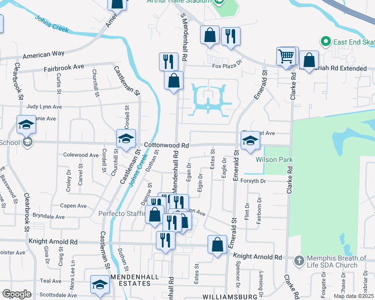 map of restaurants, bars, coffee shops, grocery stores, and more near 5367 Cottonwood Road in Memphis