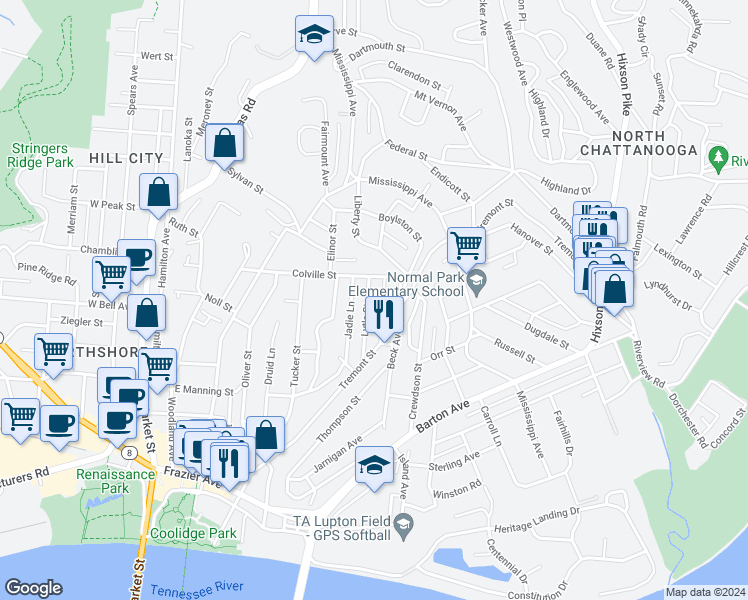 map of restaurants, bars, coffee shops, grocery stores, and more near 604 Lytle Street in Chattanooga