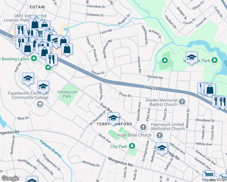 map of restaurants, bars, coffee shops, grocery stores, and more near 2123 Elvira Street in Fayetteville