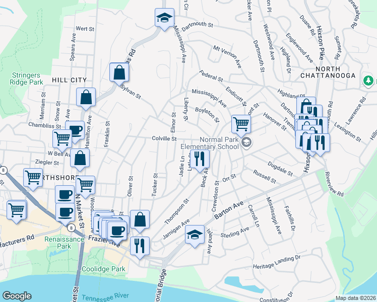 map of restaurants, bars, coffee shops, grocery stores, and more near 671 Tremont Place in Chattanooga