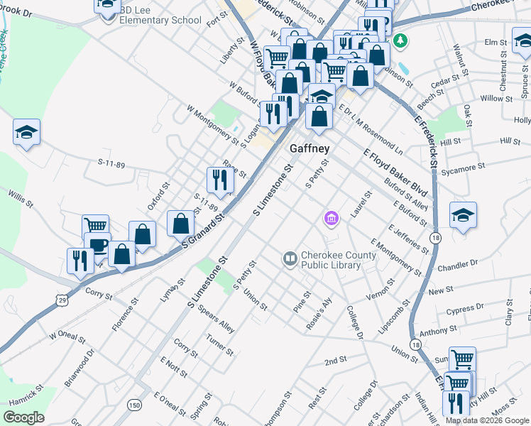 map of restaurants, bars, coffee shops, grocery stores, and more near 423 South Limestone Street in Gaffney