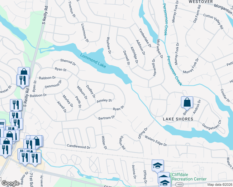 map of restaurants, bars, coffee shops, grocery stores, and more near 7256 Ainsley Street in Fayetteville