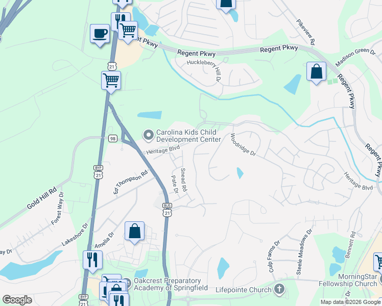 map of restaurants, bars, coffee shops, grocery stores, and more near 254 Heritage Boulevard in Fort Mill
