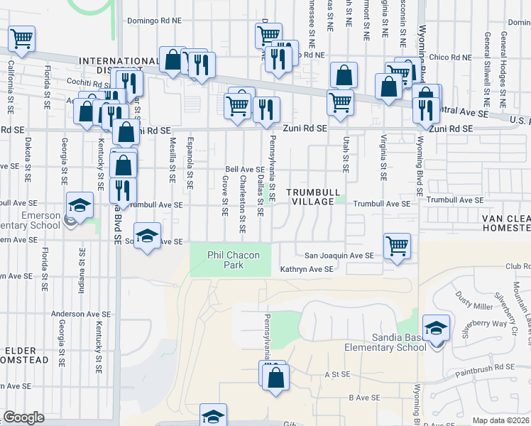 map of restaurants, bars, coffee shops, grocery stores, and more near 505 Pennsylvania Street Southeast in Albuquerque