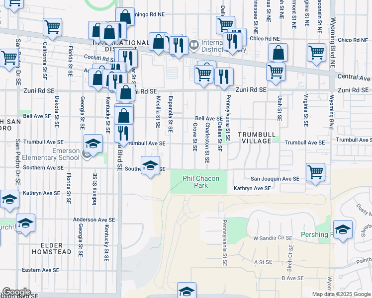 map of restaurants, bars, coffee shops, grocery stores, and more near 608 San Pablo Street Southeast in Albuquerque