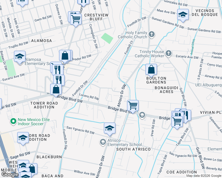 map of restaurants, bars, coffee shops, grocery stores, and more near 2506 Salvador Road Southwest in Albuquerque