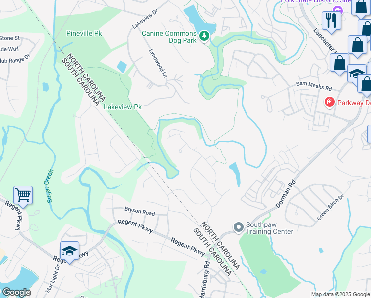 map of restaurants, bars, coffee shops, grocery stores, and more near 2831 Grace Green Court in Pineville