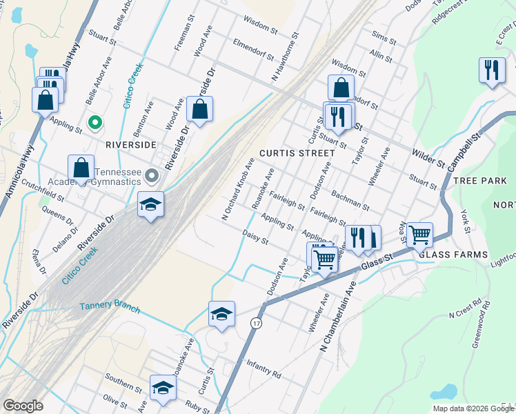 map of restaurants, bars, coffee shops, grocery stores, and more near 2001 Appling Street in Chattanooga