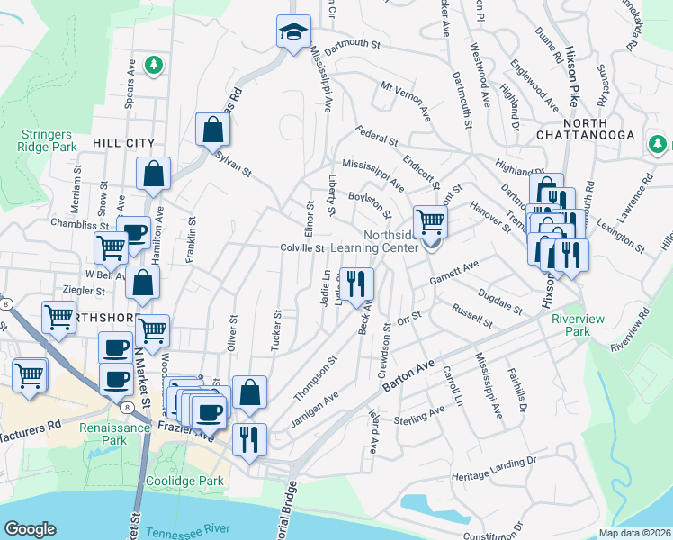 map of restaurants, bars, coffee shops, grocery stores, and more near 671 Tremont Place in Chattanooga