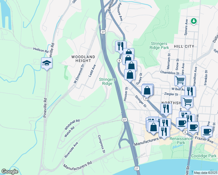 map of restaurants, bars, coffee shops, grocery stores, and more near 561 Whitehall Road in Chattanooga