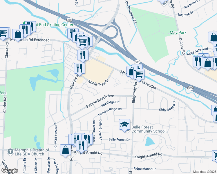 map of restaurants, bars, coffee shops, grocery stores, and more near 6085 Apple Tree Drive in Memphis