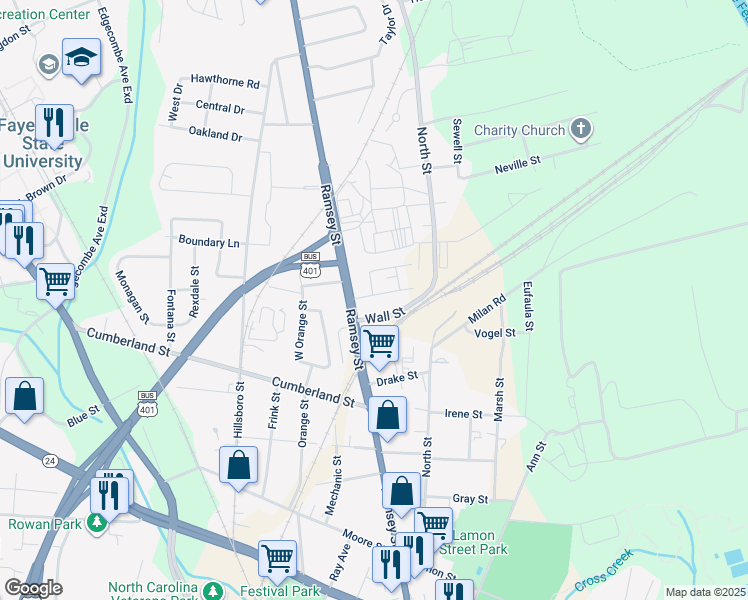 map of restaurants, bars, coffee shops, grocery stores, and more near 104 Mary Street in Fayetteville