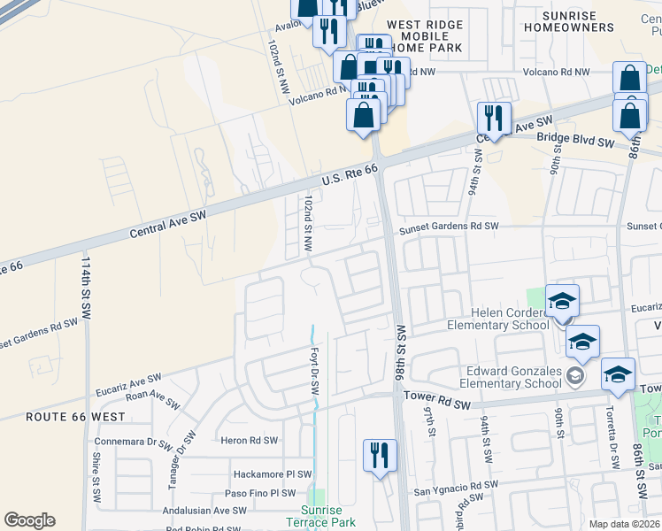 map of restaurants, bars, coffee shops, grocery stores, and more near 409 Sharp Spur Street Southwest in Albuquerque