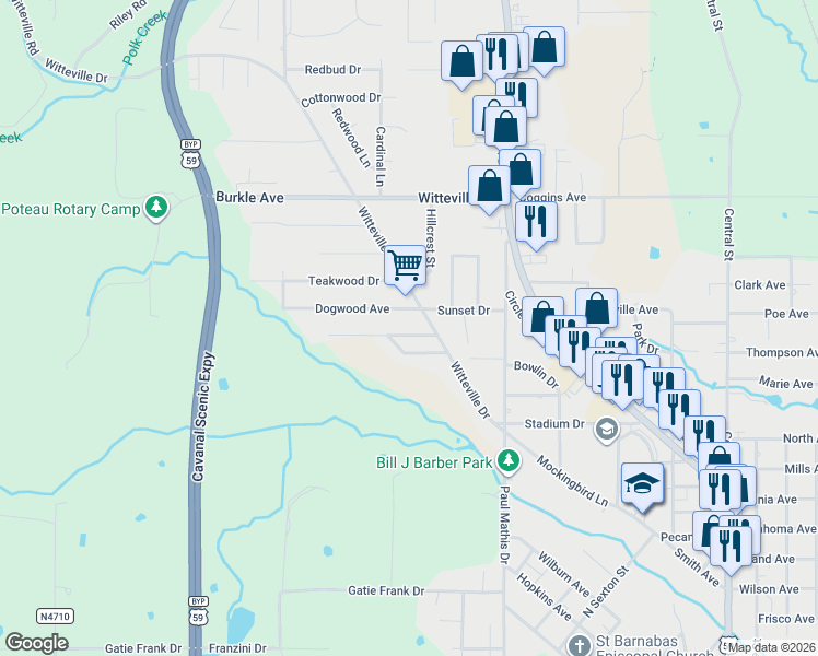 map of restaurants, bars, coffee shops, grocery stores, and more near 108 Rosewood Drive in Poteau