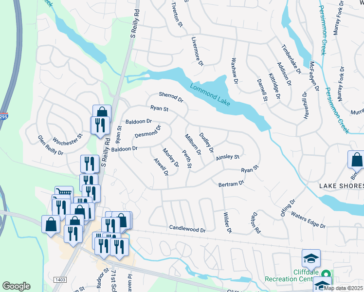 map of restaurants, bars, coffee shops, grocery stores, and more near 418 Perth Street in Fayetteville