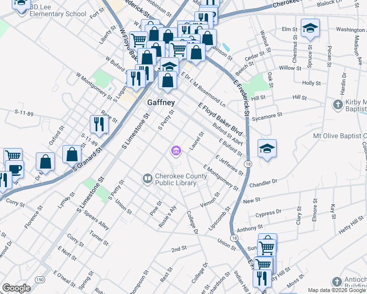 map of restaurants, bars, coffee shops, grocery stores, and more near 321 East Montgomery Street in Gaffney