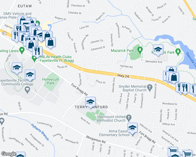 map of restaurants, bars, coffee shops, grocery stores, and more near 2114 Elvira Street in Fayetteville