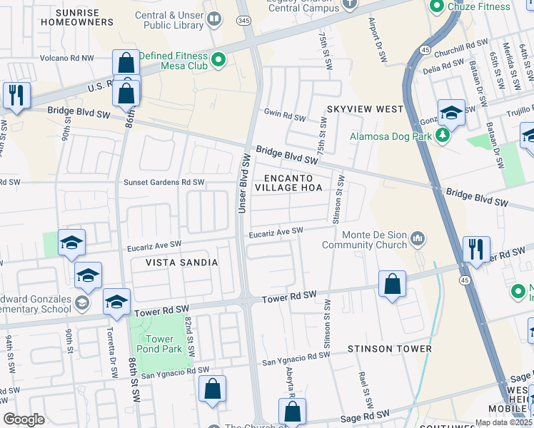 map of restaurants, bars, coffee shops, grocery stores, and more near 7616 Via Serenita Southwest in Albuquerque