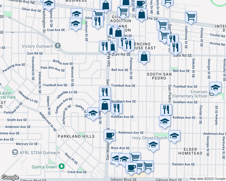 map of restaurants, bars, coffee shops, grocery stores, and more near 813 Ortiz Drive Southeast in Albuquerque