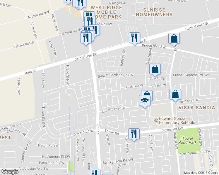 map of restaurants, bars, coffee shops, grocery stores, and more near 439 Desert Bluff Drive Southwest in Albuquerque