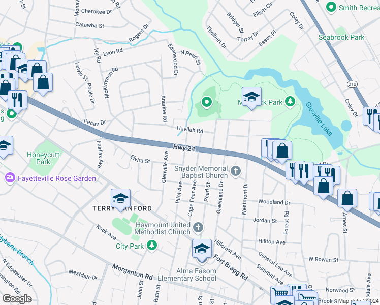 map of restaurants, bars, coffee shops, grocery stores, and more near 1805 Bragg Boulevard in Fayetteville