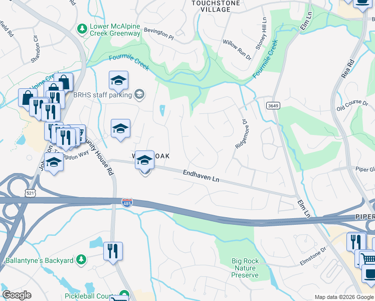 map of restaurants, bars, coffee shops, grocery stores, and more near 6722 Red Maple Drive in Charlotte