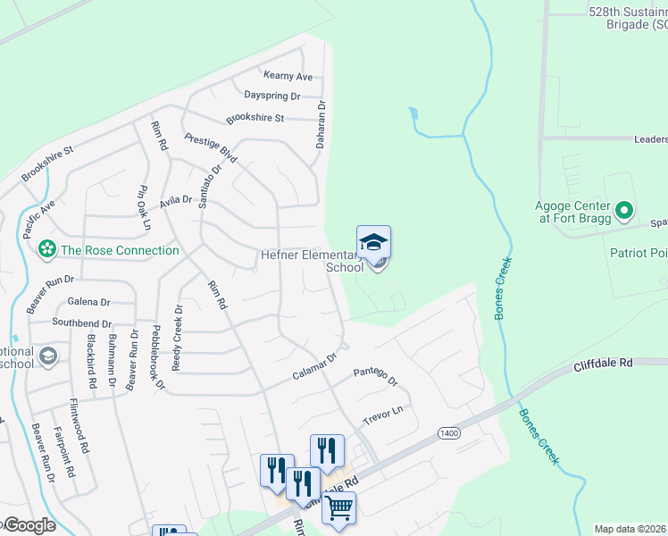 map of restaurants, bars, coffee shops, grocery stores, and more near 7023 Calamar Drive in Fayetteville