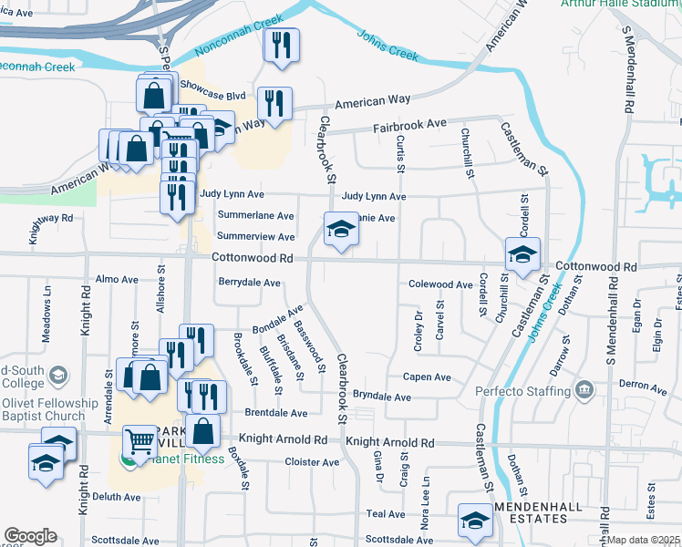 map of restaurants, bars, coffee shops, grocery stores, and more near 4949 Cottonwood Road in Memphis