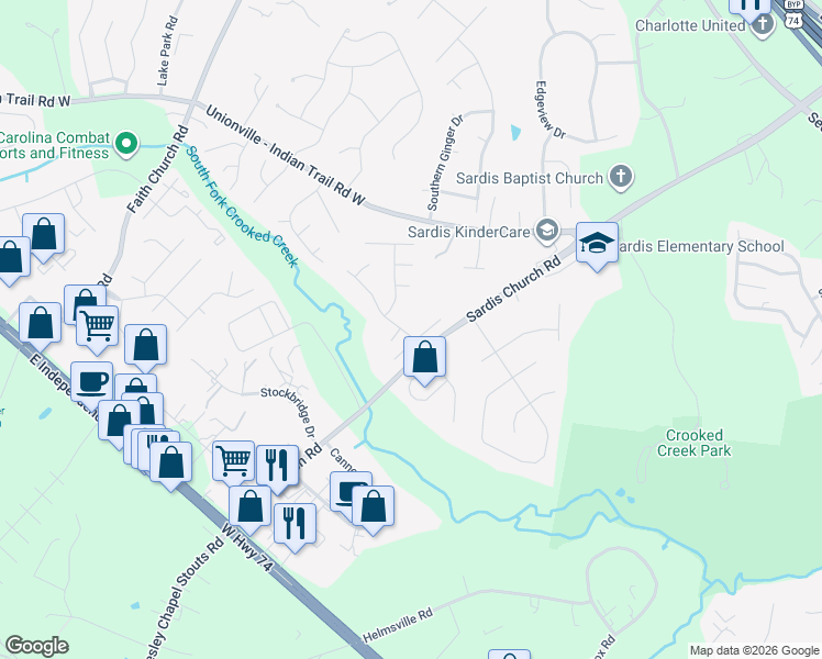 map of restaurants, bars, coffee shops, grocery stores, and more near 5820 Brick Landing Drive in Monroe