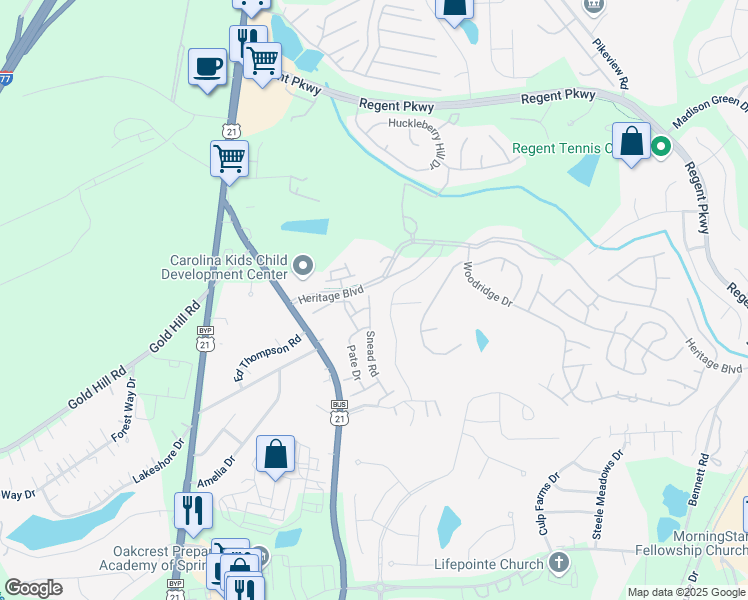 map of restaurants, bars, coffee shops, grocery stores, and more near 117 Snead Road in Fort Mill