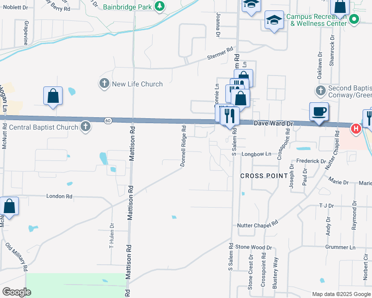 map of restaurants, bars, coffee shops, grocery stores, and more near 3090 Napa Valley Drive in Conway