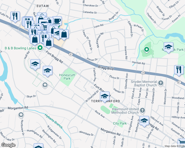 map of restaurants, bars, coffee shops, grocery stores, and more near 415 Fairfax Avenue in Fayetteville
