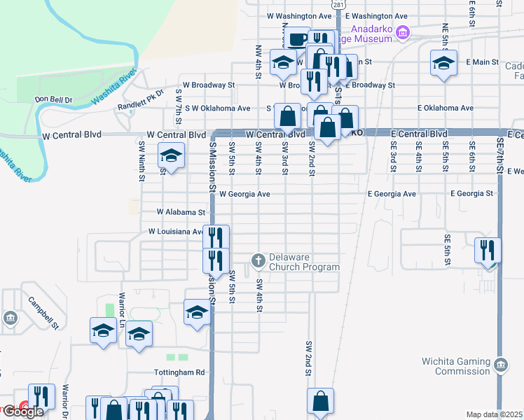 map of restaurants, bars, coffee shops, grocery stores, and more near 315 West Alabama Avenue in Anadarko