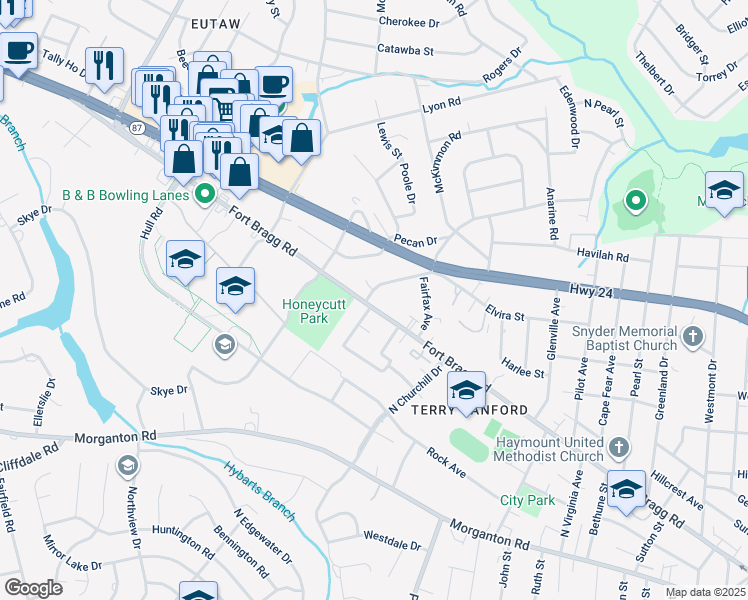 map of restaurants, bars, coffee shops, grocery stores, and more near 2530 Fort Bragg Road in Fayetteville