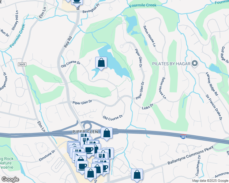 map of restaurants, bars, coffee shops, grocery stores, and more near 4525 Old Course Drive in Charlotte