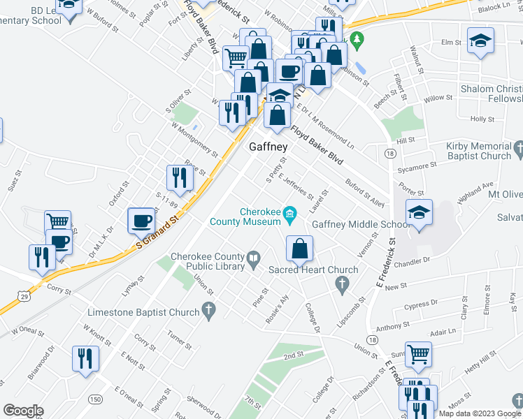 map of restaurants, bars, coffee shops, grocery stores, and more near 213 College Drive in Gaffney