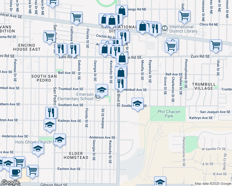 map of restaurants, bars, coffee shops, grocery stores, and more near 7100 Trumbull Avenue Southeast in Albuquerque