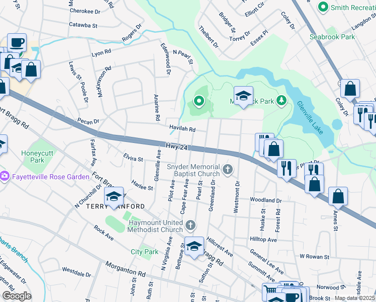 map of restaurants, bars, coffee shops, grocery stores, and more near 629 Cape Fear Avenue in Fayetteville