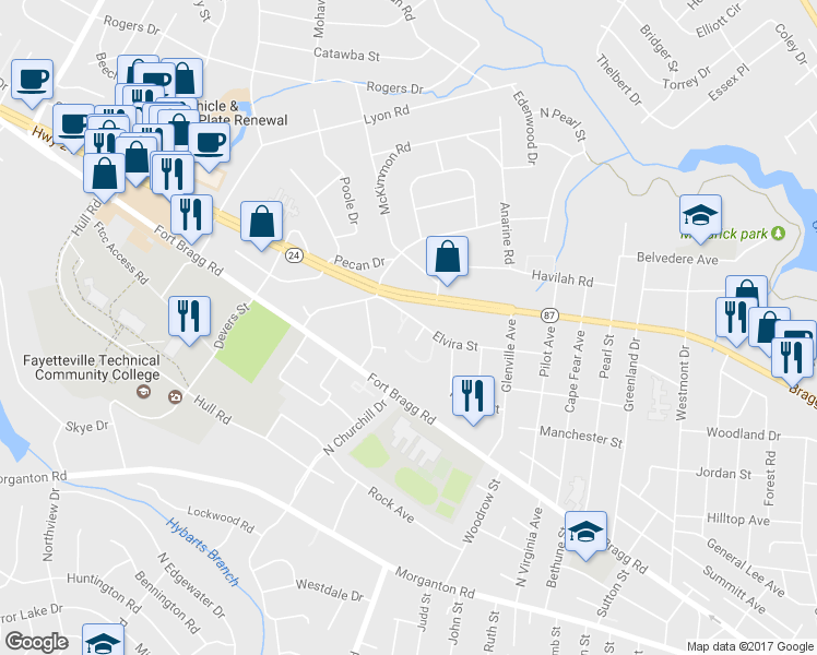 map of restaurants, bars, coffee shops, grocery stores, and more near 2108 Wexford Oaks Court in Fayetteville